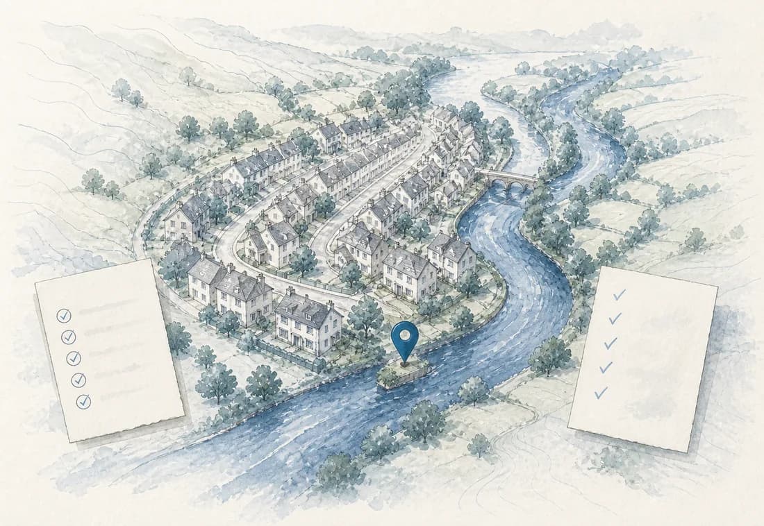 Watercolour map of a British riverside neighbourhood with a location marker