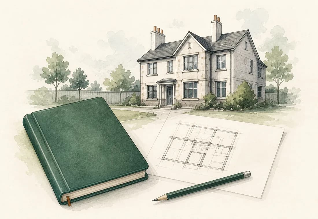Watercolour field notes with a British house, survey notebook and floor plan