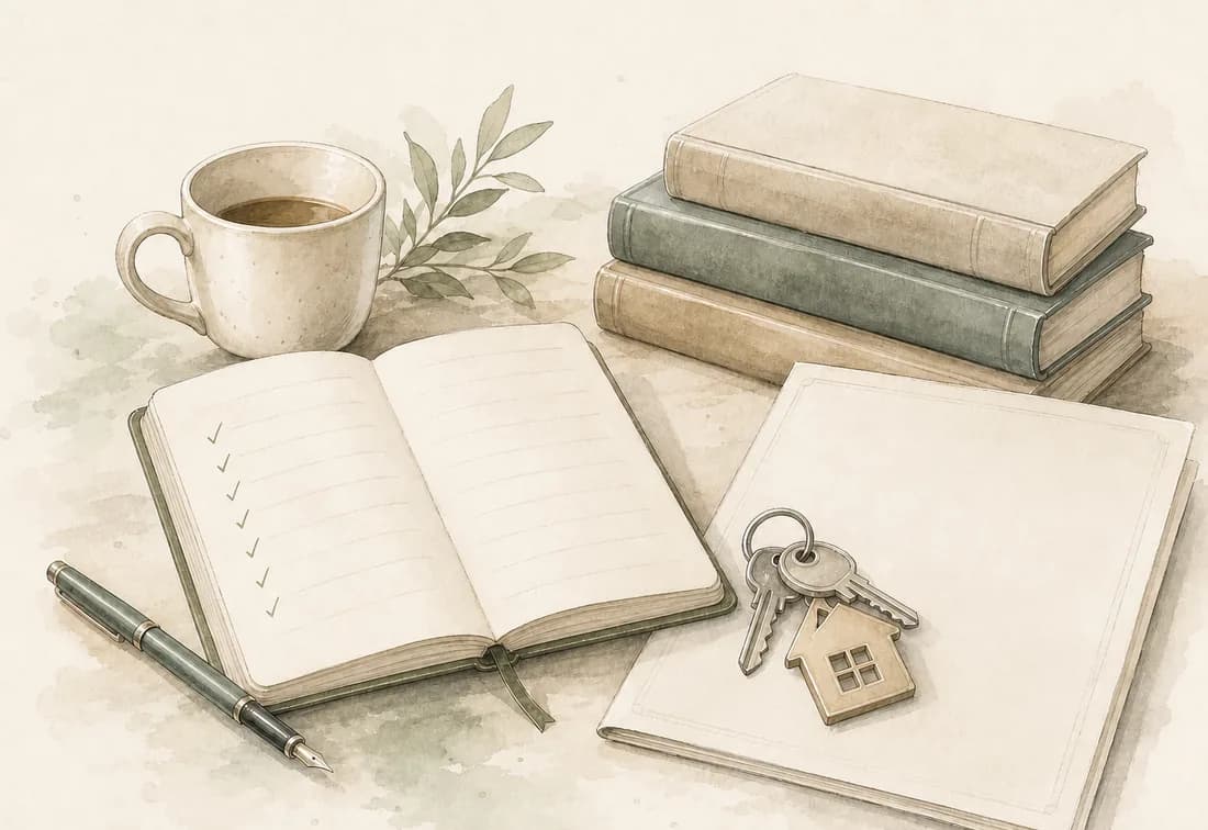 Watercolour conveyancing desk with keys, checklist, reference books and documents